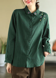 Green Slim Fit Cotton Blouse Top Peter Pan Collar Embroidered Spring