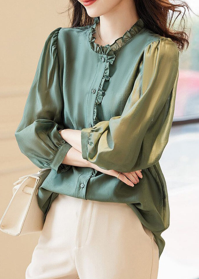 Green Solid Button Chiffon Blouses Ruffled Spring