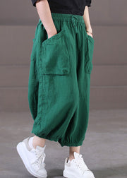 Green Solid Color Linen Crop Pants Wrinkled Big Pockets Summer