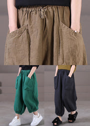 Green Solid Color Linen Crop Pants Wrinkled Big Pockets Summer