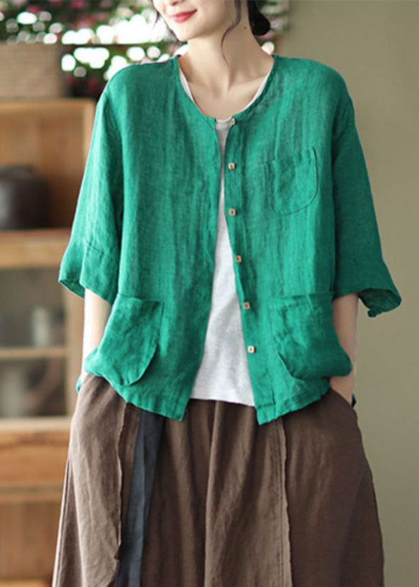 Green Solid Pockets Linen Cardigan O-Neck Button Half Sleeve