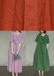 Green Solid Pockets Linen Dress Short Sleeve