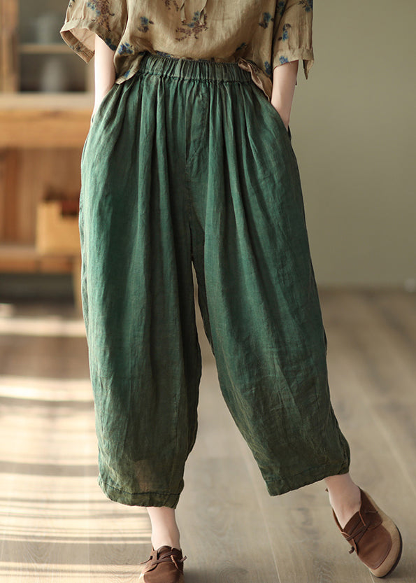 Green Solid Pockets Loose Linen Harem Pants High Waist
