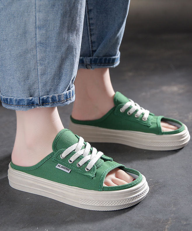 Green Splicing Platform Canvas Slide Sandals Lace Up Peep Toe
