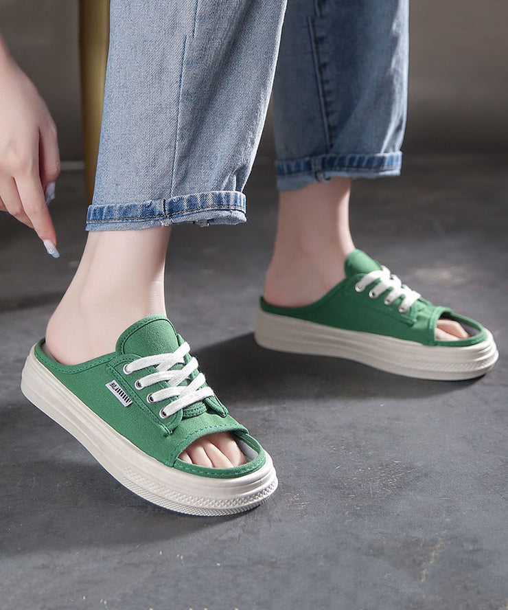 Green Splicing Platform Canvas Slide Sandals Lace Up Peep Toe