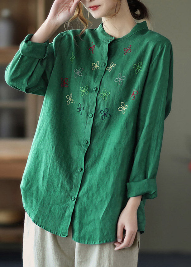 Green Stand Collar Button Linen Shirt Long Sleeve