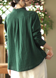 Green Stand Collar Wrinkled Cotton Shirt Long Sleeve