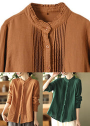 Green Stand Collar Wrinkled Cotton Shirt Long Sleeve
