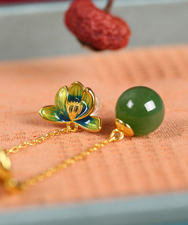 Green Sterling Silver Jade Cloisonne Lotus Tassel Drop Earrings
