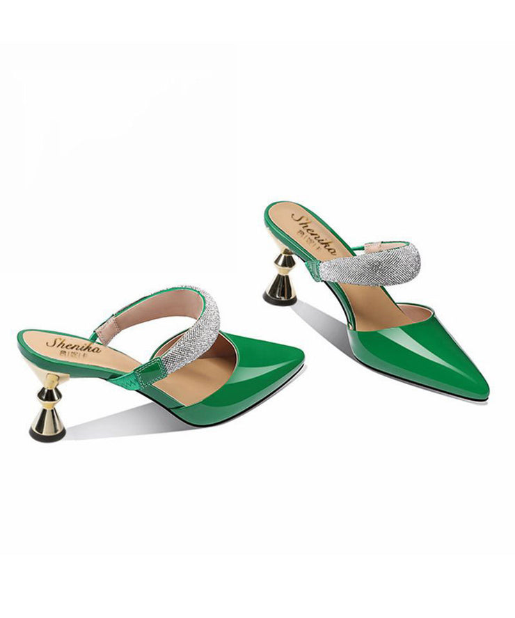 Green Stiletto Cowhide Leather Fitted Pointed Toe High Heel Slippers