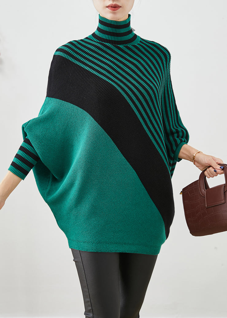 Green Striped Knit Short Sweater Asymmetrical Batwing Sleeve