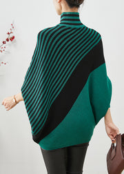 Green Striped Knit Short Sweater Asymmetrical Batwing Sleeve