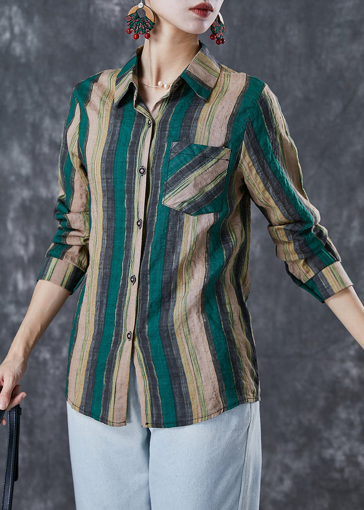 Green Striped Linen Shirt Tops Peter Pan Collar Fall
