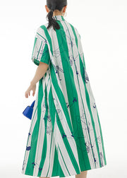 Green Striped Patchwork Button Cotton Long Dress Short Sleeve