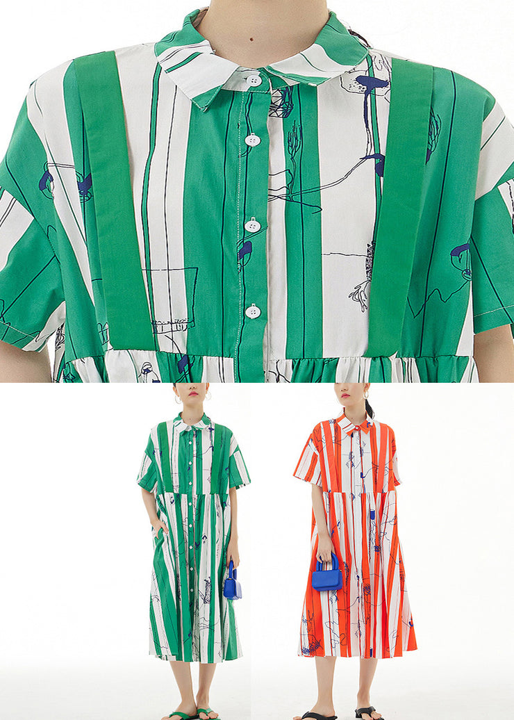 Green Striped Patchwork Button Cotton Long Dress Short Sleeve