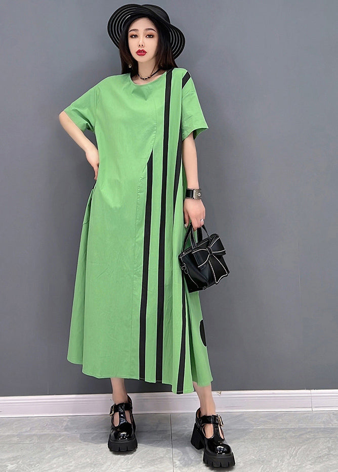 Grün gestreifte Patchwork-Baumwoll-Urlaubskleider mit O-Ausschnitt, übergroßen, kurzen Ärmeln