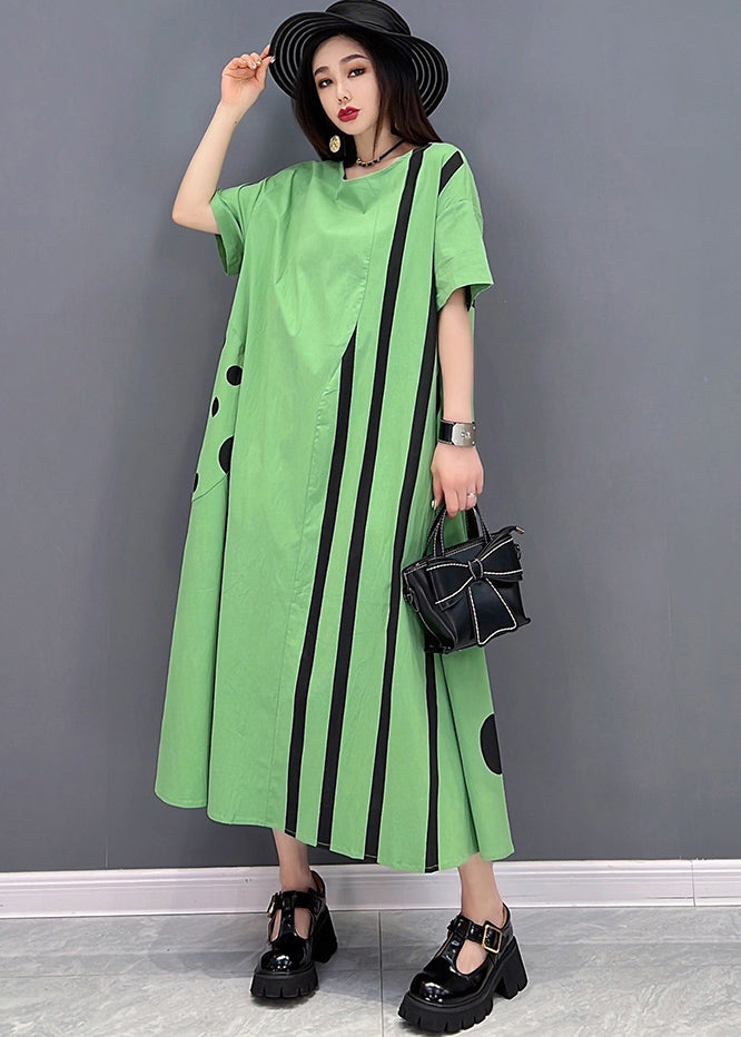 Grün gestreifte Patchwork-Baumwoll-Urlaubskleider mit O-Ausschnitt, übergroßen, kurzen Ärmeln