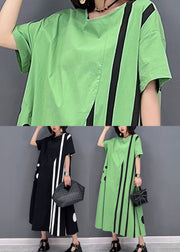 Green Striped Patchwork Cotton Vacation Dresses O-Neck Oversized Short Sleeve