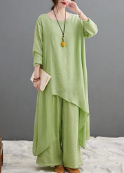 Green Suit Spring Long Top Casual Wide Leg Pants Two Pieces - SooLinen