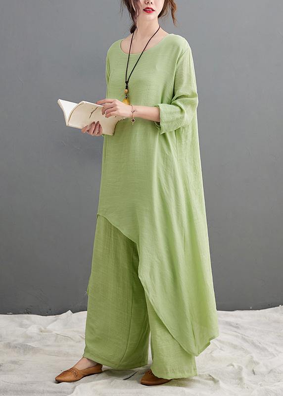 Green Suit Spring Long Top Casual Wide Leg Pants Two Pieces - SooLinen