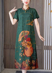 Green 2022 Silk Cheongsam Dress Stand Collar Side Open Short Sleeve