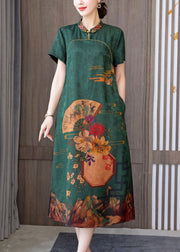 Green 2024 Silk Cheongsam Dress Stand Collar Side Open Short Sleeve