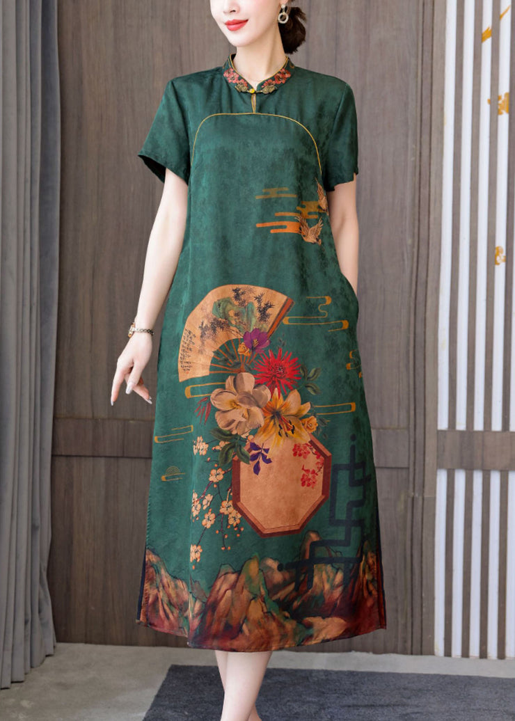 Green 2022 Silk Cheongsam Dress Stand Collar Side Open Short Sleeve