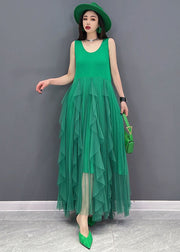 Green Tulle Patchwork Cotton Fitted Dresses O-Neck Sleeveless