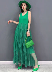 Grün Tüll Patchwork Baumwolle taillierte Kleider O-Ausschnitt ärmellos