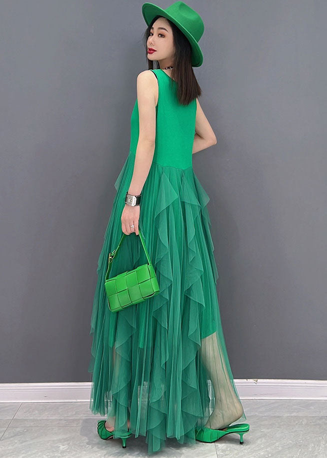 Green Tulle Patchwork Cotton Fitted Dresses O-Neck Sleeveless