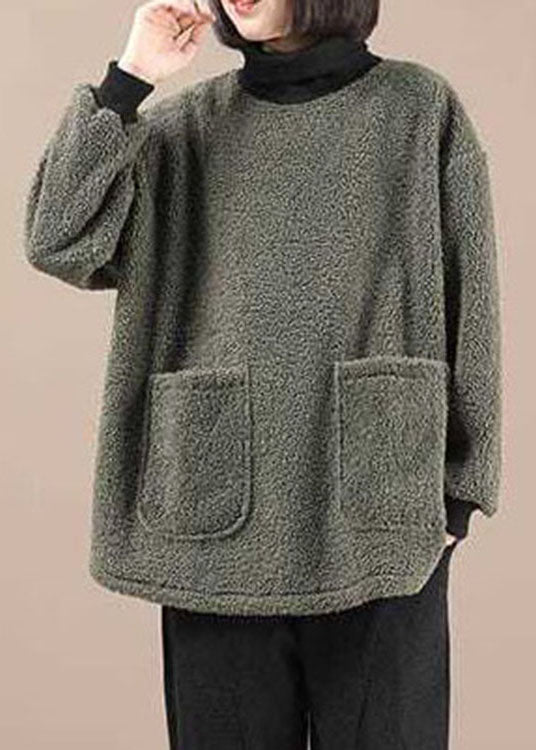 Green Turtleneck Faux Fur Fleece Sweatshirts Winter
