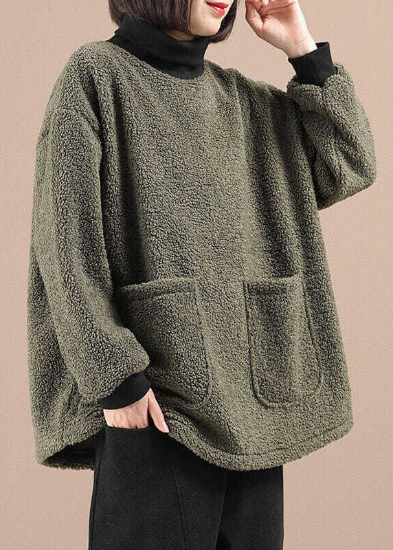 Green Turtleneck Faux Fur Fleece Sweatshirts Winter
