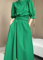 Green Turtleneck Tie Waist Patchwork Cotton Dress Tie Waist Short Sleeve