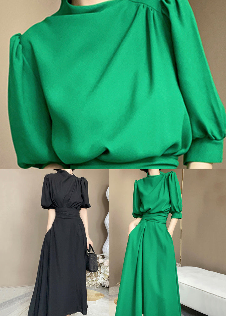 Green Turtleneck Tie Waist Patchwork Cotton Dress Tie Waist Short Sleeve