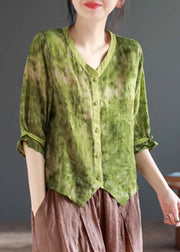 Green V Neck Asymmetrical Design Ramie Shirt Summer