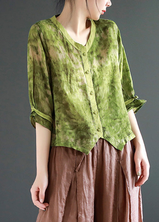Green V Neck Asymmetrical Design Ramie Shirt Summer
