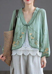 Green V Neck Embroideried Summer Ramie Cardigan Long Sleeve - SooLinen