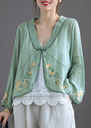 Green V Neck Embroideried Summer Ramie Cardigan Long Sleeve - SooLinen