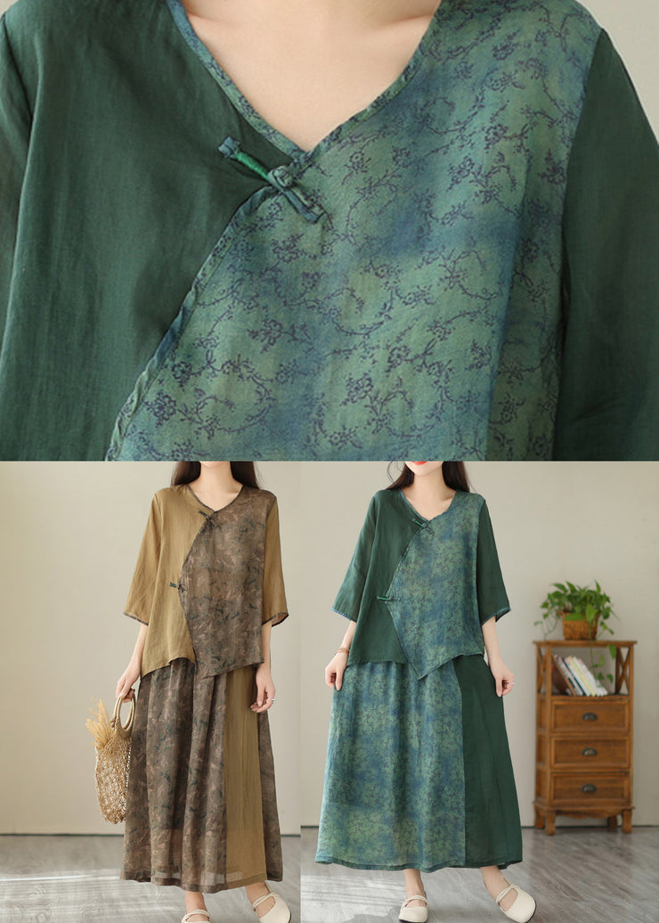 Green V Neck Patchwork Button Linen Two Pieces Set Half Sleeve