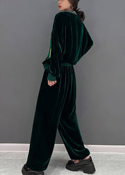 Green V Neck Print Coats And Pants Two Pieces Set Fall