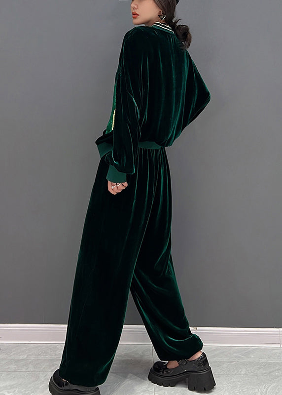 Green V Neck Print Coats And Pants Two Pieces Set Fall
