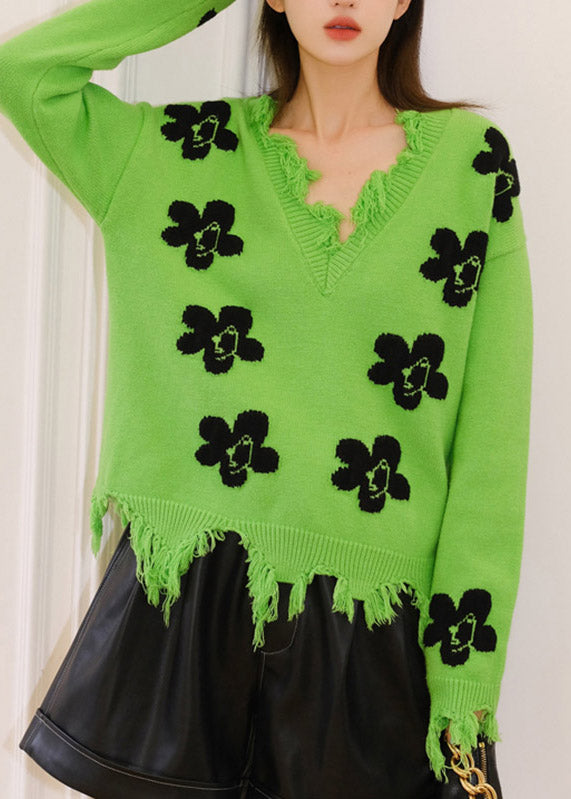 Green V Neck Print Thick Knit Sweater Fall
