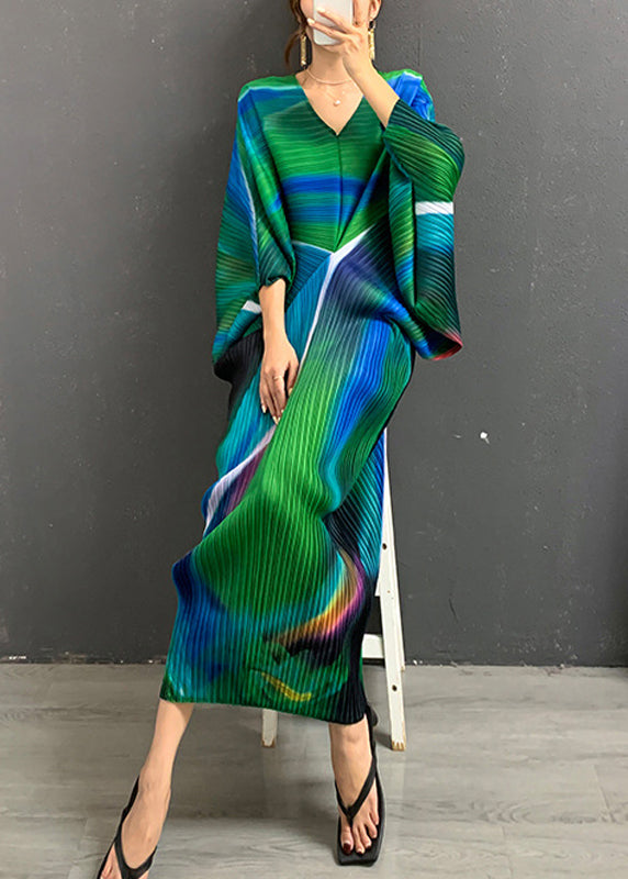 Green V Neck Print Wrinkled Silk Dresses Long Sleeve