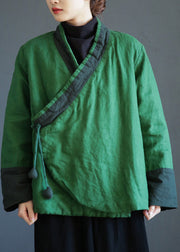 Green V Neck Tie Waist Warm Fleece Linen Parka Winter