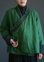 Green V Neck Tie Waist Warm Fleece Linen Parka Winter