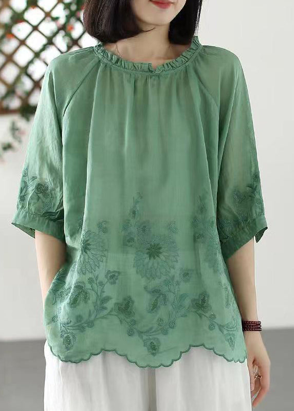 Green Versatile Linen T Shirts Ruffled Embroideried Half Sleeve