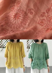 Green Versatile Linen T Shirts Ruffled Embroideried Half Sleeve