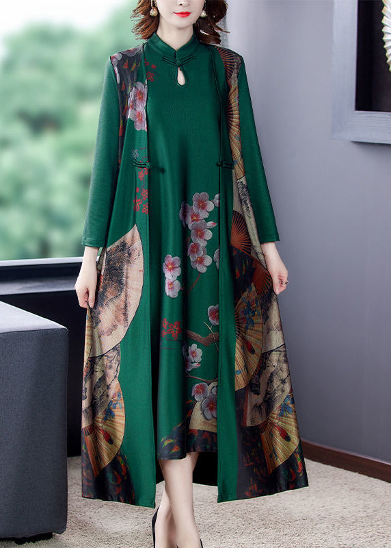 Green Vintage Silk Two Piece Set Women Clothing Mandarin Collar Print Spring