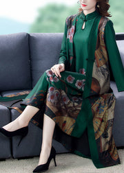 Green Vintage Silk Two Piece Set Women Clothing Mandarin Collar Print Spring