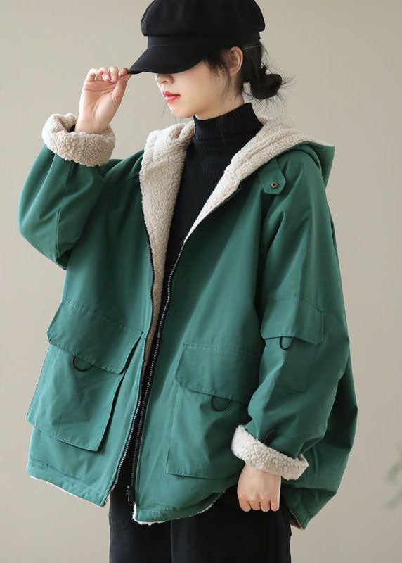 Green Warm Cotton Hooded Loose Coats Fuzzy Wool Lined Zip Up Winter